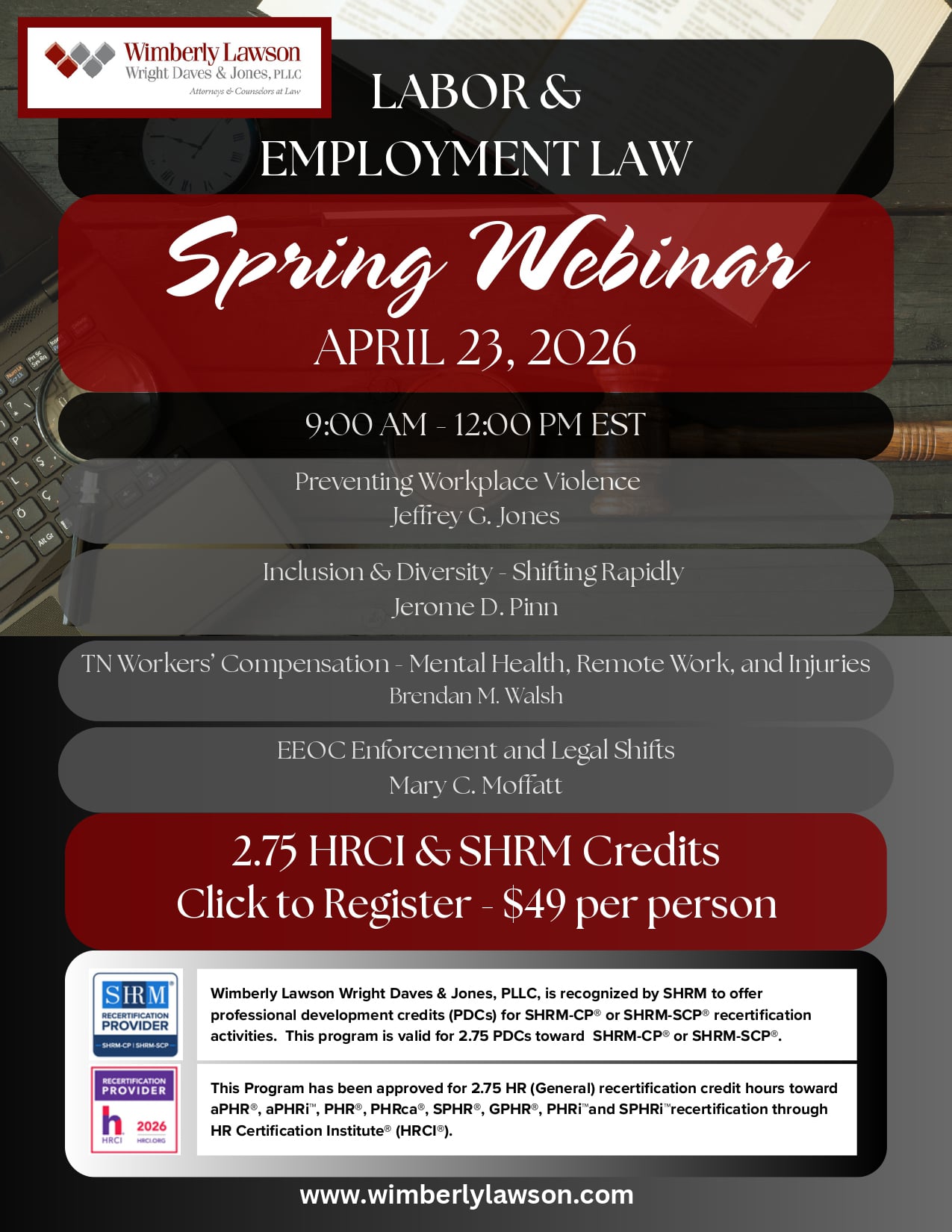 Labor & Employment Law | Spring Webinar April 23, 2026 | 9:00 AM - 12:00 PM Est